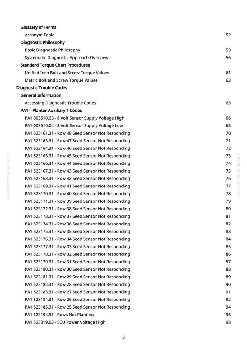 May include: A page from a manual with a table of contents and diagnostic trouble codes. The text includes terms like "Glossary of Terms," "Diagnostic Trouble Codes," and specific error codes related to seed sensors.