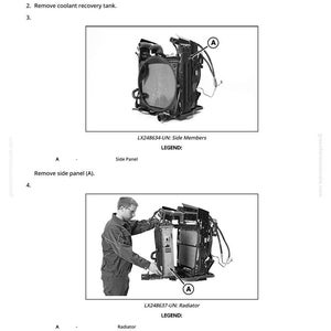 May include: Diagram illustrating radiator removal and installation steps. Includes images of the radiator and side members, with labels and instructions. Text includes "Remove side panel (A)" and "Remove radiator (A)".