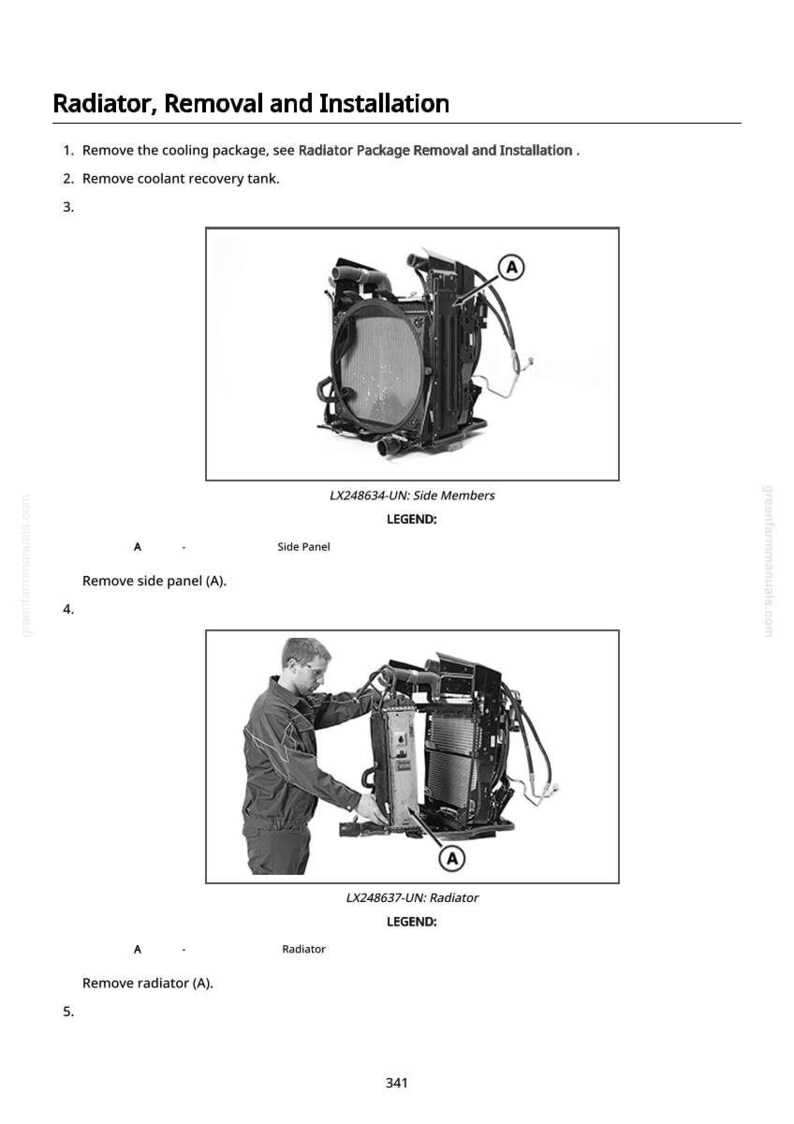 May include: Diagram illustrating radiator removal and installation steps. Includes images of the radiator and side members, with labels and instructions. Text includes "Remove side panel (A)" and "Remove radiator (A)".