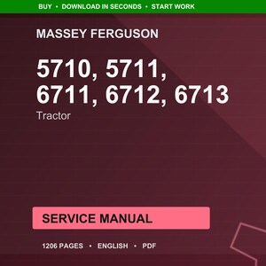 Pode incluir: Um fundo marrom com o texto "MASSEY FERGUSON" e os n&uacute;meros dos modelos de trator 5710, 5711, 6711, 6712 e 6713 em branco. Abaixo, um ret&acirc;ngulo rosa com "SERVICE MANUAL" e detalhes: 1206 P&Aacute;GINAS, ENGLISH, PDF.