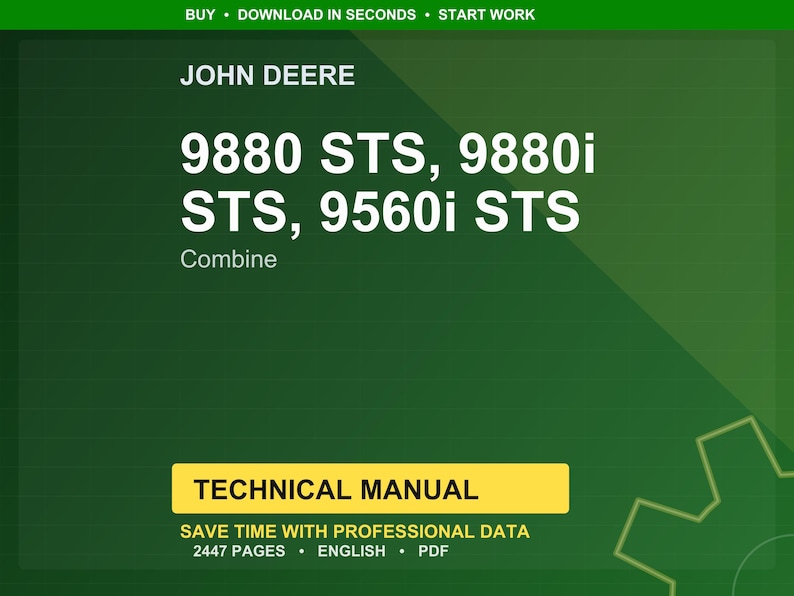 以下が含まれることがあります： 緑色の背景にJohn Deereのロゴとテキスト。テキストは「9880 STS、9880i STS、9560i STS Combine」と表示されています。下には「TECHNICAL MANUAL」と他のテキストが入った黄色の長方形があります。