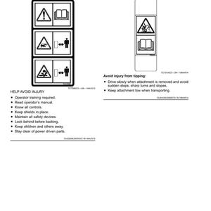 May include: A page from a manual with safety labels and instructions. The labels include warning symbols and text such as "Help Avoid Injury" and "Avoid Injury from Tipping." The text provides safety guidelines for operating machinery.