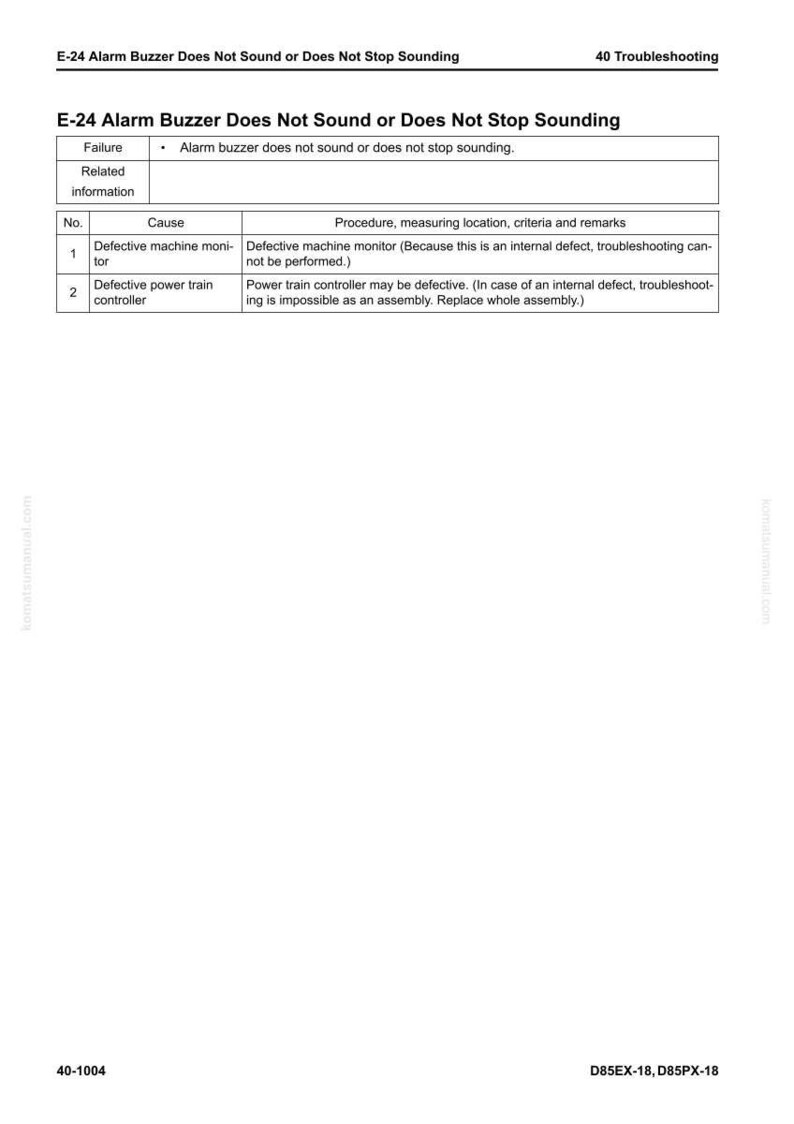 May include: A troubleshooting guide page titled "E-24 Alarm Buzzer Does Not Sound or Does Not Stop Sounding." The page includes a table with failure causes and procedures. The document is from komatsumanual.com.
