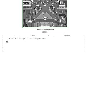 May include: Diagram showing a machine component with a cross-brace and screws labelled F and G. The image includes the text "MX101185-UN: Cross-brace" and instructions to remove the brake linkage assembly and inspect for wear or damage.