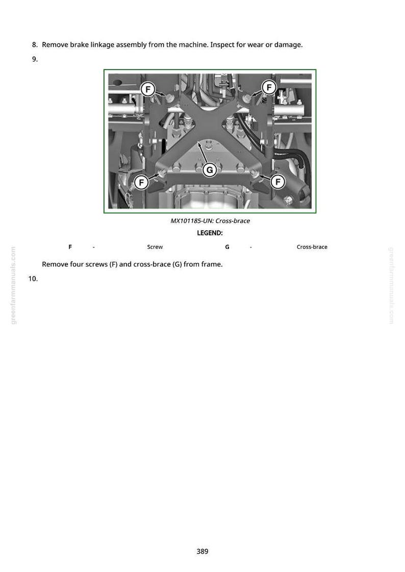 May include: Diagram showing a machine component with a cross-brace and screws labelled F and G. The image includes the text "MX101185-UN: Cross-brace" and instructions to remove the brake linkage assembly and inspect for wear or damage.