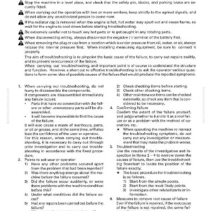 May include: A printed page from a Komatsu manual, titled "Points to Remember When Troubleshooting." The text provides safety guidelines and troubleshooting steps for machinery, including checking safety pins and disconnecting wiring.