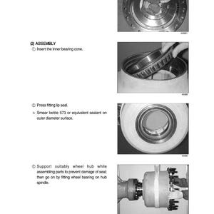 May include: Technical diagram with assembly instructions for machinery components. The image shows various steps, including removing gears, inserting bearing cones, and applying sealant. The text includes instructions and part numbers.