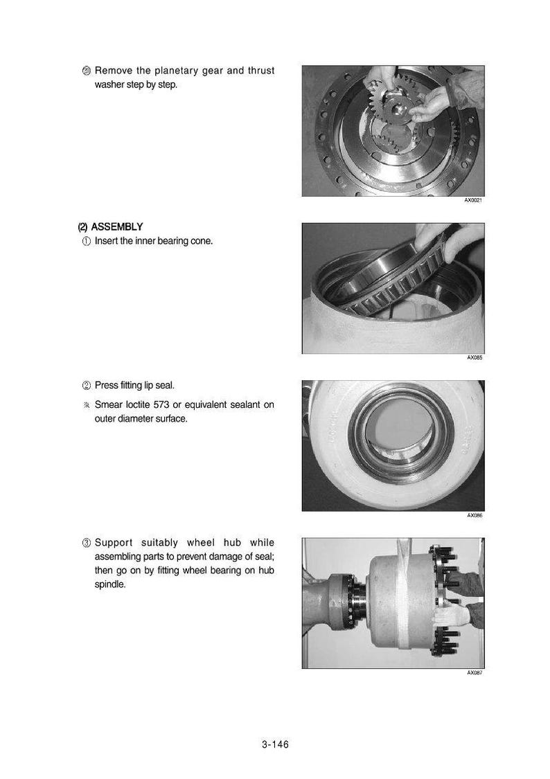 May include: Technical diagram with assembly instructions for machinery components. The image shows various steps, including removing gears, inserting bearing cones, and applying sealant. The text includes instructions and part numbers.