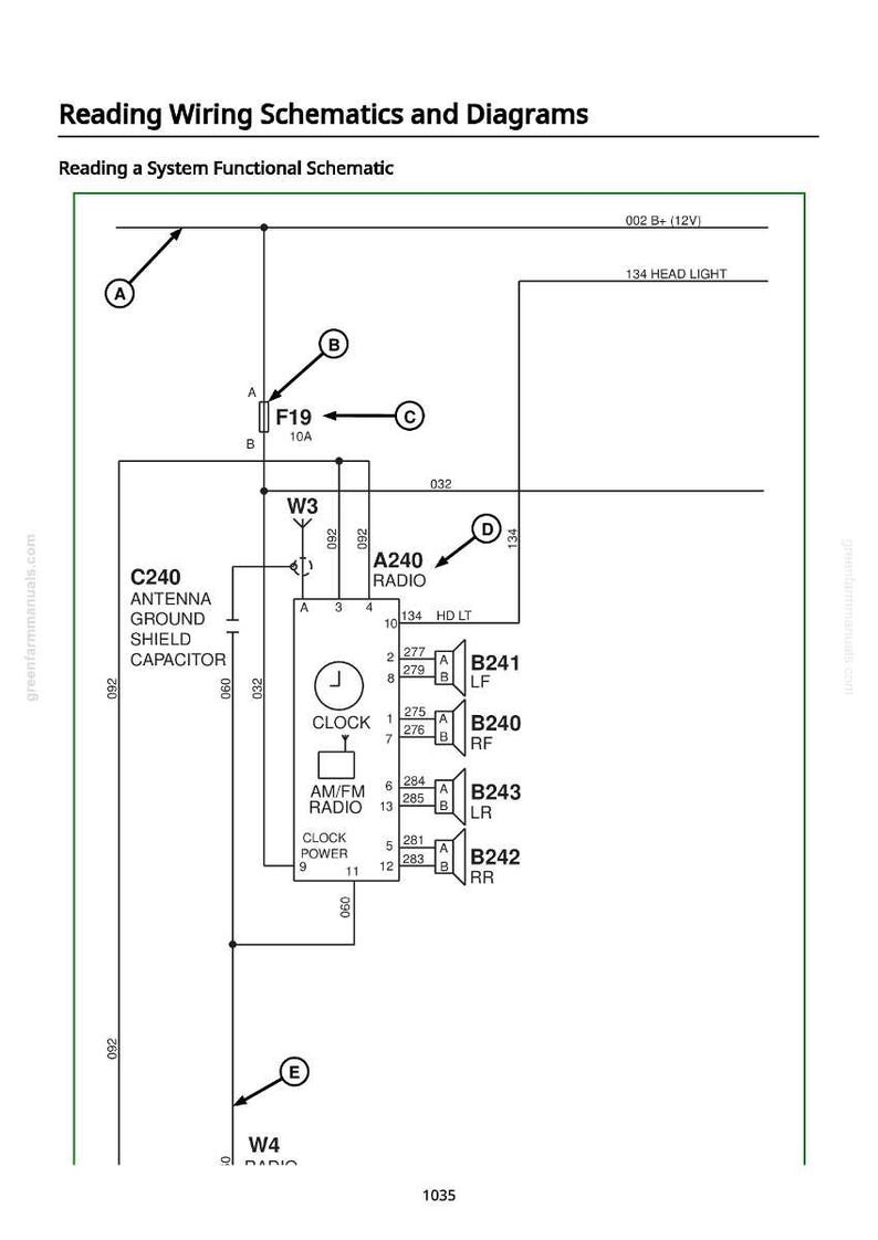 Peut inclure: Sch&eacute;ma &eacute;lectrique fonctionnel d'un syst&egrave;me, avec des &eacute;tiquettes pour les composants tels que la radio, l'antenne et l'horloge. Le sch&eacute;ma comprend des connexions de c&acirc;blage, &eacute;tiquet&eacute;es avec des lettres et des chiffres, et le texte "Reading Wiring Schematics and Diagrams."