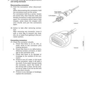 May include: Diagram of automotive connectors with instructions for removal and inspection. The image includes illustrations of connector types, a lock stopper, and text detailing the process. The page is from a troubleshooting manual.