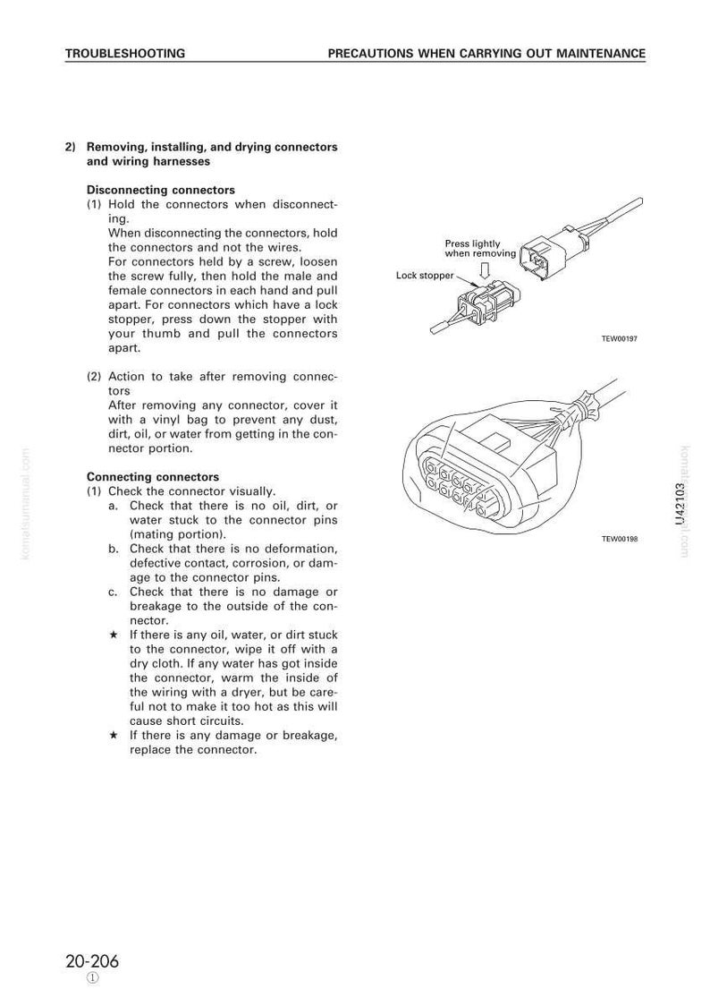 May include: Diagram of automotive connectors with instructions for removal and inspection. The image includes illustrations of connector types, a lock stopper, and text detailing the process. The page is from a troubleshooting manual.