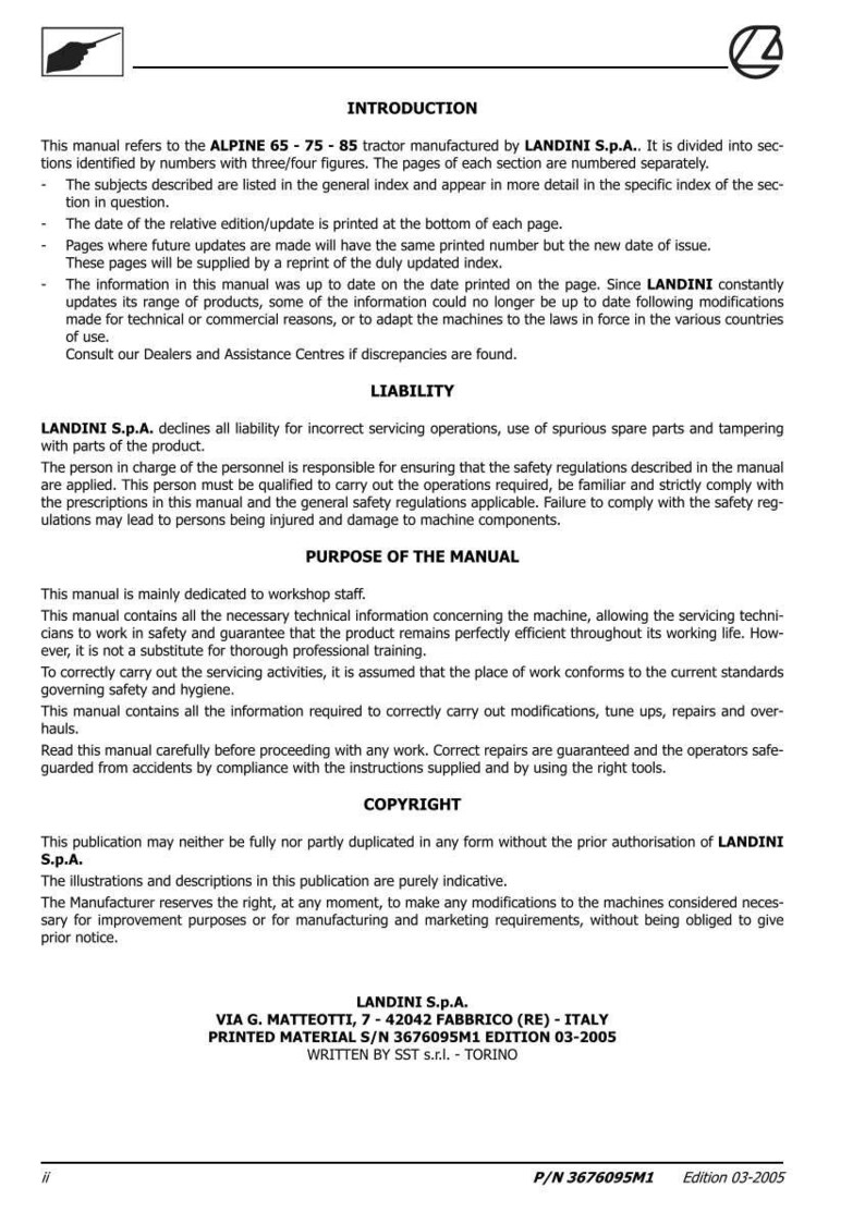 May include: A manual for the ALPINE 65-75-85 tractor, published by LANDINI S.p.A. The document contains sections, safety information, and copyright details. The edition is dated 03-2005.