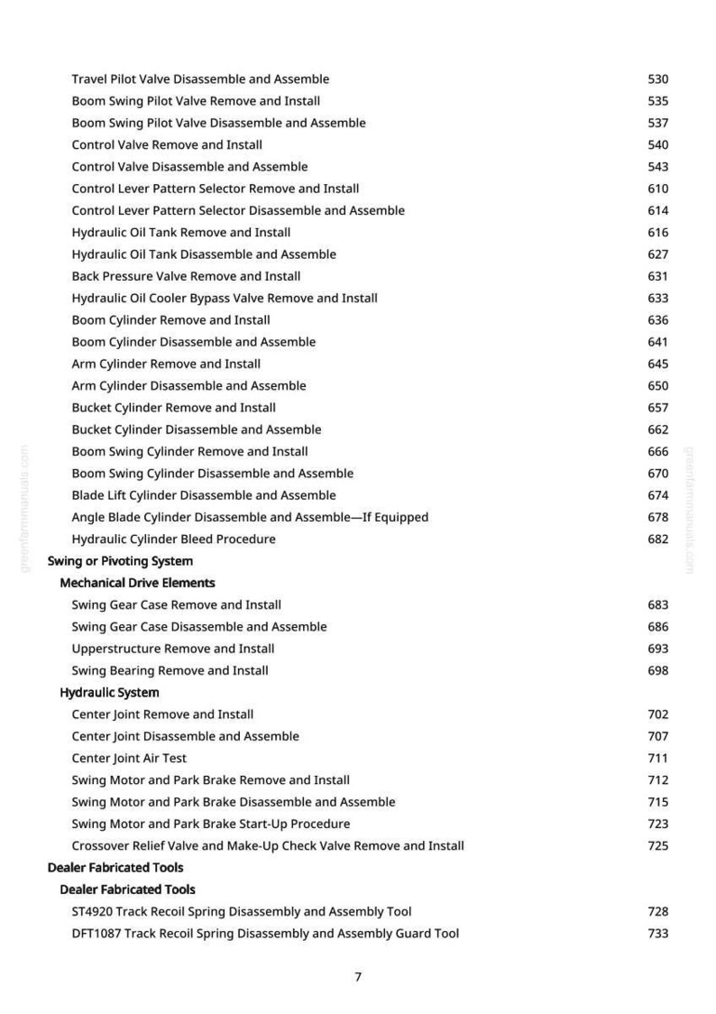 May include: A white page with a list of mechanical and hydraulic system procedures, including disassembly and assembly instructions for various components. The text includes terms like "Boom Swing Pilot Valve" and "Swing Gear Case."