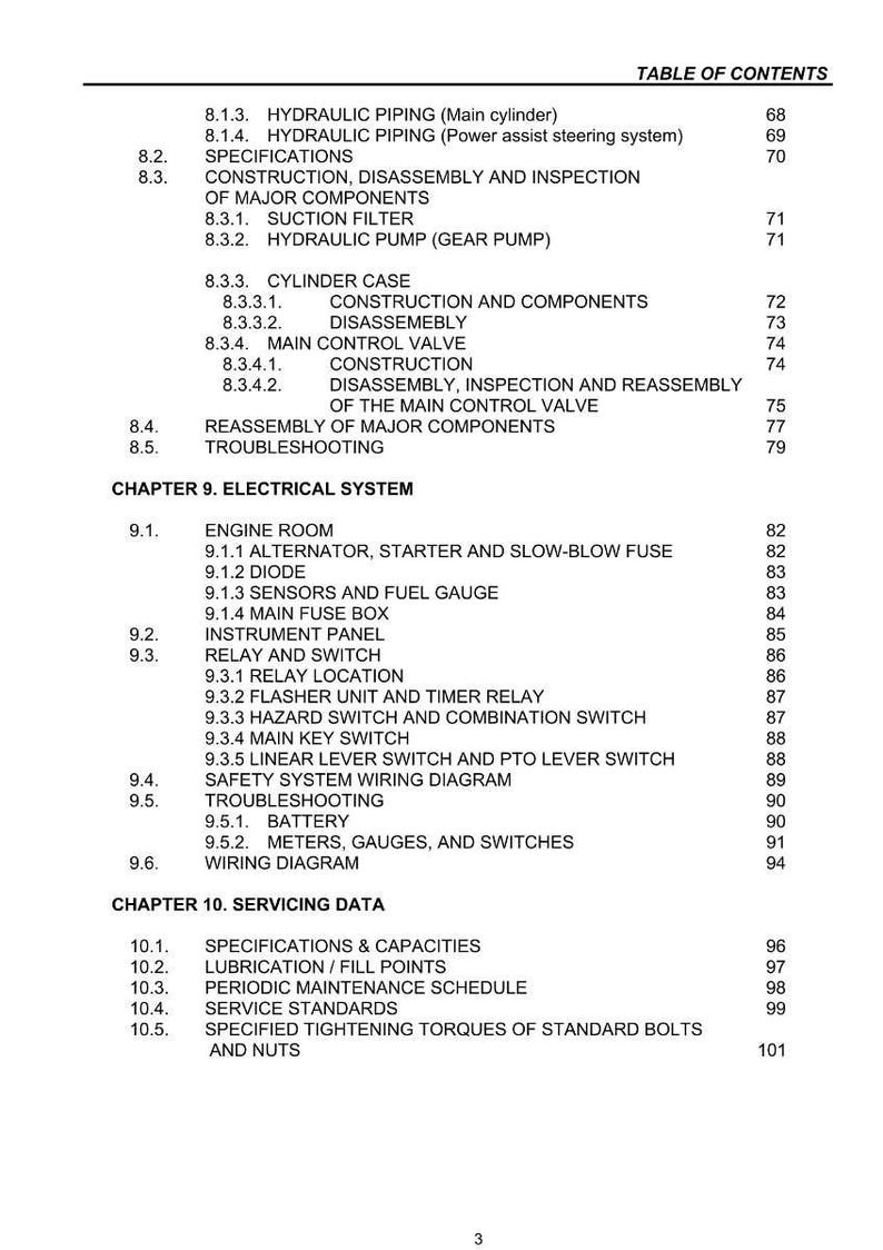 Op de afbeelding: Een pagina uit een handleiding met een inhoudsopgave. De tekst bevat secties over hydraulische leidingen, elektrische systemen en servicedata. Pagina nummer 3.