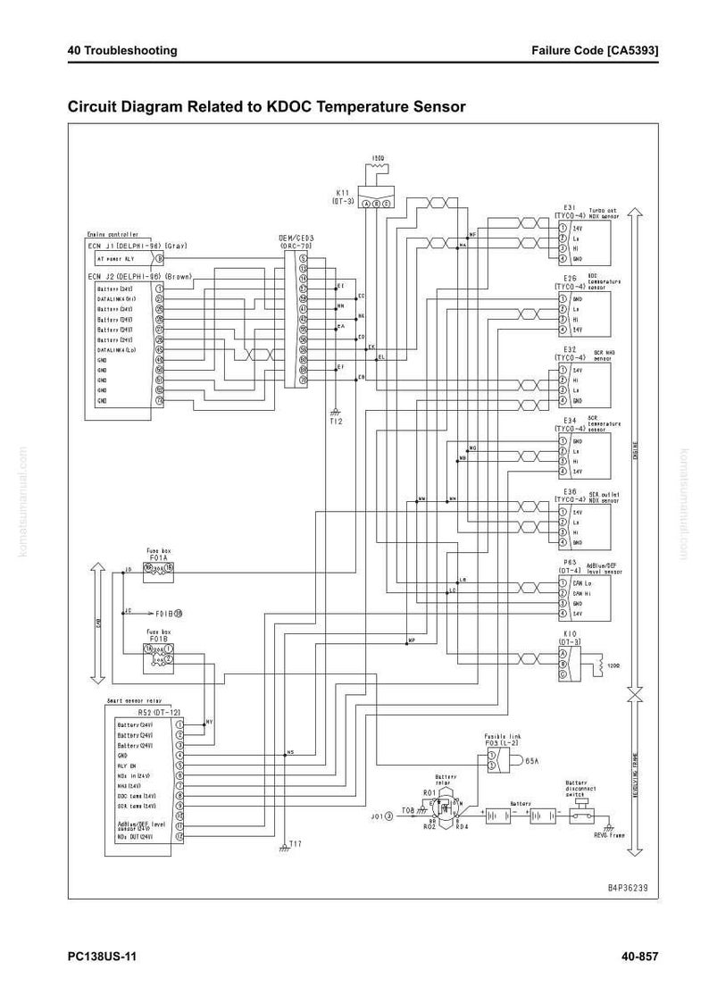 May include: A detailed circuit diagram related to a KDOC temperature sensor, with text labels and component symbols. The diagram is in black and white, with lines connecting various components. The text includes "Failure Code [CA5393]" and "40 Troubleshooting".