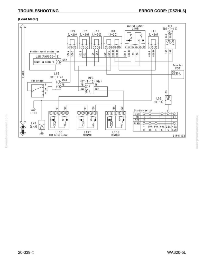 Puede incluir: Un diagrama esquem&aacute;tico detallado con el t&iacute;tulo "Troubleshooting" y el c&oacute;digo de error "D5ZHL6". El diagrama incluye varios componentes el&eacute;ctricos, etiquetados con c&oacute;digos y descripciones, como "Monitor panel controller" y "Starting switch". El diagrama es en blanco y negro.