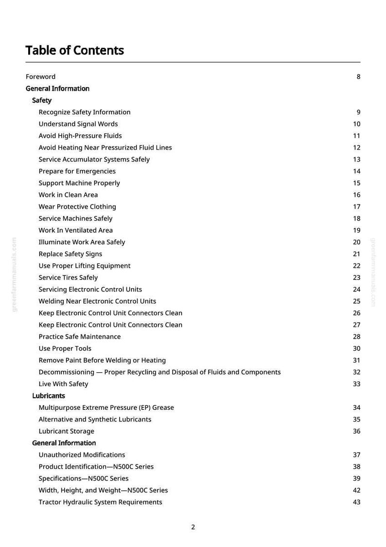 Puede incluir: Una p&aacute;gina en blanco y negro de un manual titulado "Tabla de contenidos". El texto enumera informaci&oacute;n de seguridad, mantenimiento y otros temas relacionados con maquinaria y equipos.