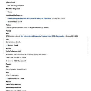 May include: A white page with black text detailing troubleshooting steps for an information button issue, including diagnostic checks and power cycling instructions. The text includes references to PDU and DTC codes.