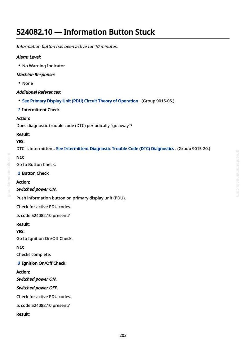 May include: A white page with black text detailing troubleshooting steps for an information button issue, including diagnostic checks and power cycling instructions. The text includes references to PDU and DTC codes.