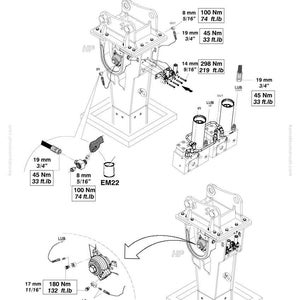 Op de afbeelding: Technische diagram van Komatsu machineonderdelen, met gedetailleerde schema's en metingen in millimeters en Newtonmeters. Bevat labels zoals "HP", "IN" en "OUT", samen met onderdeelnummers en koppel specificaties.