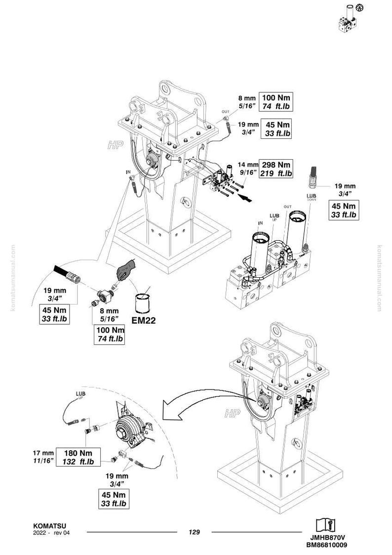 Op de afbeelding: Technische diagram van Komatsu machineonderdelen, met gedetailleerde schema's en metingen in millimeters en Newtonmeters. Bevat labels zoals "HP", "IN" en "OUT", samen met onderdeelnummers en koppel specificaties.