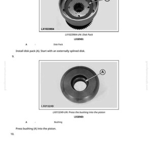 May include: Technical diagram showing two metal mechanical components, a disk pack and a bushing, with labels and instructions. The image is in black and white.