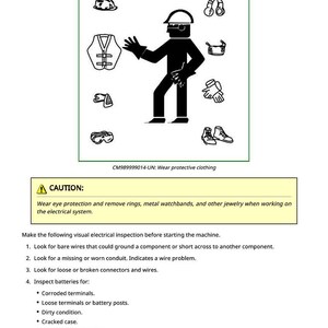 May include: Diagram illustrating electrical system inspection, featuring a silhouetted figure wearing protective gear. Includes icons of safety equipment like a hard hat, gloves, and boots. Text reads "Visually Inspect Electrical System" and "Wear protective clothing."