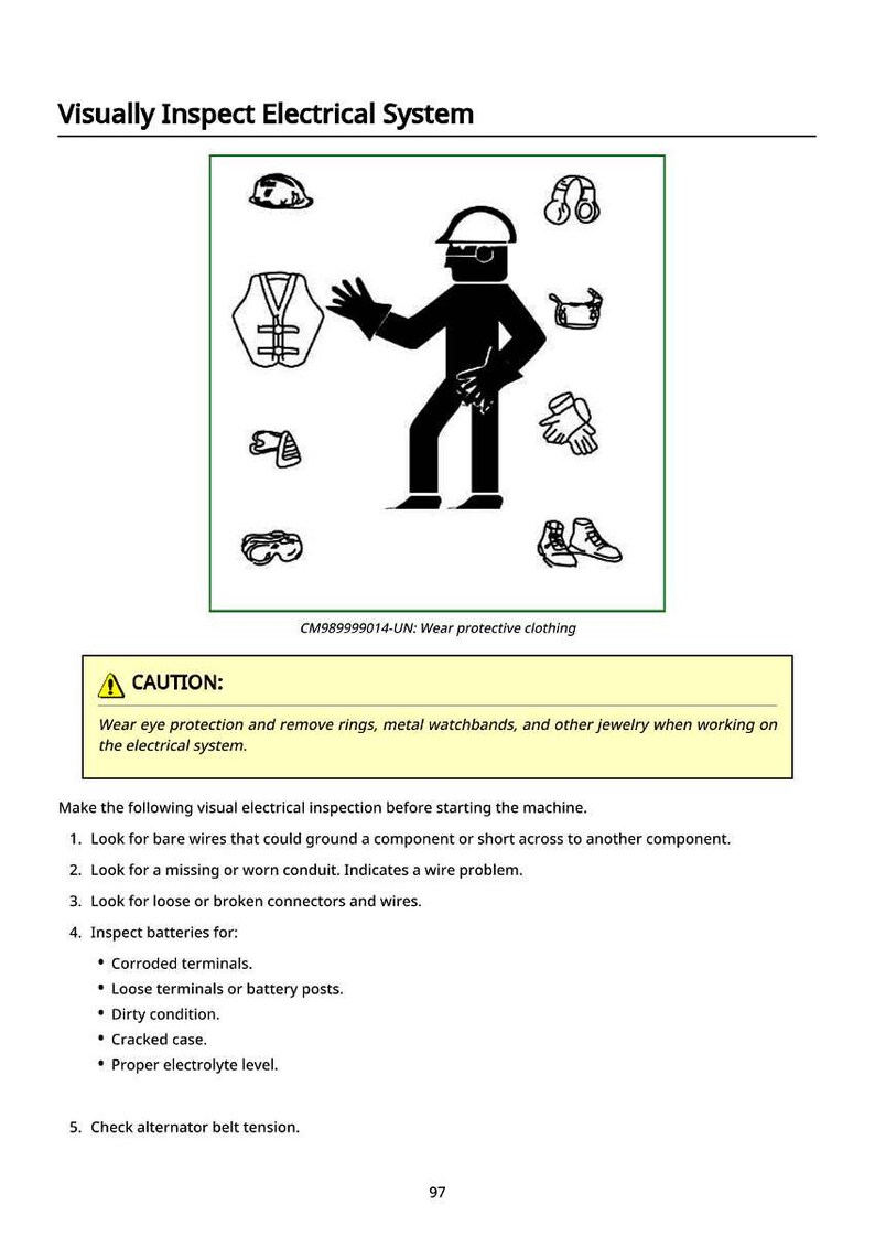 May include: Diagram illustrating electrical system inspection, featuring a silhouetted figure wearing protective gear. Includes icons of safety equipment like a hard hat, gloves, and boots. Text reads "Visually Inspect Electrical System" and "Wear protective clothing."