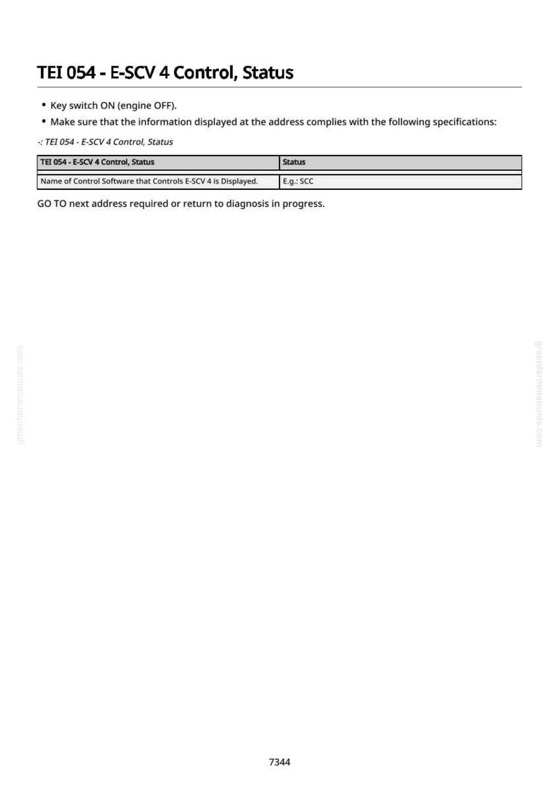 May include: A white document with the title "TEI 054 - E-SCV 4 Control, Status" and a table detailing control software and status. The text includes instructions and specifications for the E-SCV 4 control system.
