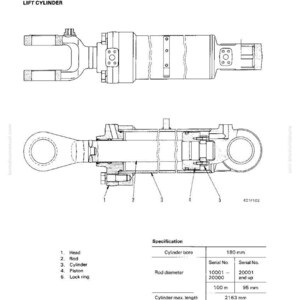 May include: Technical diagram of a hydraulic cylinder, a lift cylinder, with detailed internal components. Includes specifications for cylinder bore (180 mm), rod diameter, and cylinder length. The diagram is in black and white.