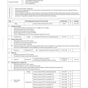 Pode incluir: Um guia de solu&ccedil;&atilde;o de problemas intitulado "E-29 - AIR CONDITIONER SYSTEM DOES NOT WORK". O documento inclui procedimentos de diagn&oacute;stico, especifica&ccedil;&otilde;es e leituras para um sistema de ar condicionado. Apresenta tabelas com medi&ccedil;&otilde;es de tens&atilde;o e resist&ecirc;ncia.