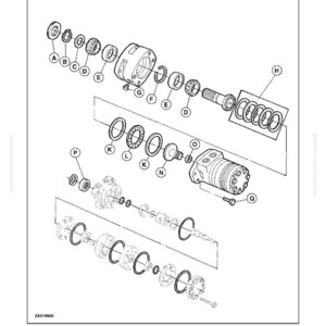 May include: An exploded view diagram of a reverser motor and clutch assembly. The black and white illustration shows various components labeled with letters, including gears, bearings, and a motor housing. Text at the top reads "Reverser Motor and Clutch Exploded View."