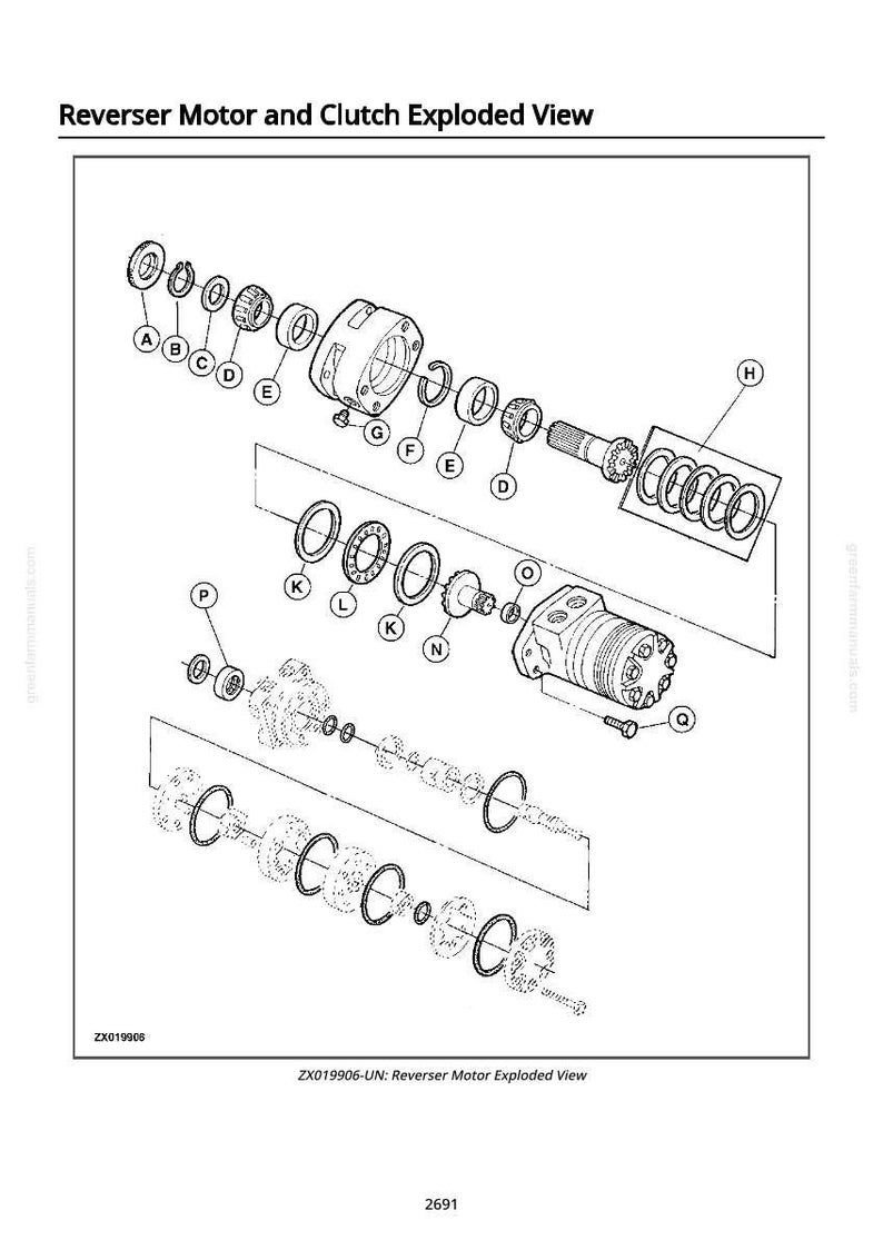 May include: An exploded view diagram of a reverser motor and clutch assembly. The black and white illustration shows various components labeled with letters, including gears, bearings, and a motor housing. Text at the top reads "Reverser Motor and Clutch Exploded View."