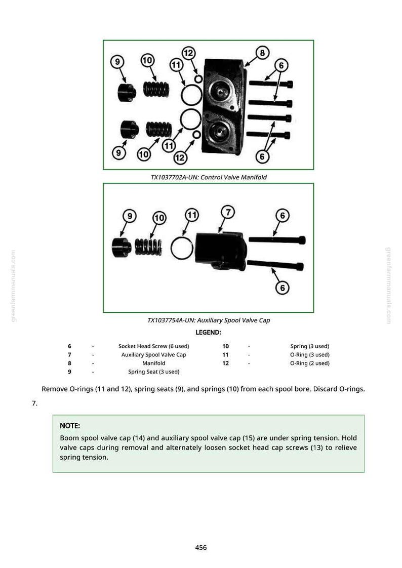 Puede incluir: Diagrama del colector de la v&aacute;lvula de control y la tapa de la v&aacute;lvula auxiliar, con etiquetas para componentes como tornillos de cabeza hueca, juntas t&oacute;ricas y muelles. El texto incluye "TX1037702A-UN" y "TX1037754A-UN".