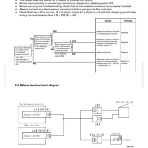 May include: Diagram illustrating troubleshooting steps for a caution item display flashing with no buzzer sound. Includes a flowchart with yes/no questions and a related electrical circuit diagram. Text includes "CHARGE" and "ENGINE OIL LEVEL".