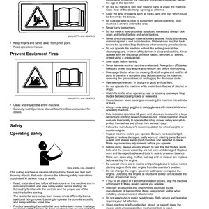 Op de afbeelding: Een pagina uit een veiligheidshandleiding met waarschuwingen over het gebruik van een grasmaaier. Bevat veiligheidssymbolen en tekst met voorzorgsmaatregelen om letsel en brand te voorkomen.