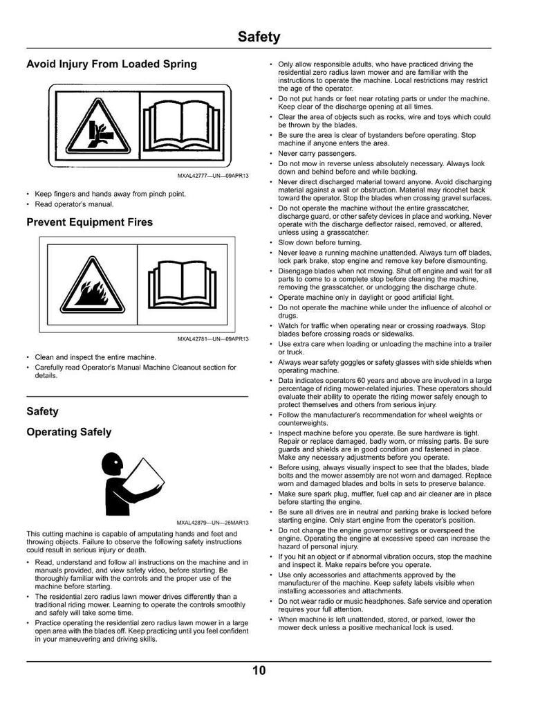 Op de afbeelding: Een pagina uit een veiligheidshandleiding met waarschuwingen over het gebruik van een grasmaaier. Bevat veiligheidssymbolen en tekst met voorzorgsmaatregelen om letsel en brand te voorkomen.