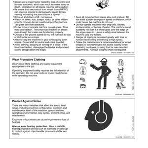 May include: A safety information sheet with the title "Safety" at the top. The sheet includes sections on avoiding tipping, wearing protective clothing, and protecting against noise, with related illustrations and warnings.