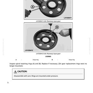K&ouml;nnte beinhalten: Schwarz-Wei&szlig;-Diagramm eines Planetengetriebe-Eingangsrads mit kreisf&ouml;rmigem Design und mehreren L&ouml;chern. Das Diagramm enth&auml;lt Text und Beschriftungen f&uuml;r Sprengringe und eine Vorsichtsmeldung zur Demontage.