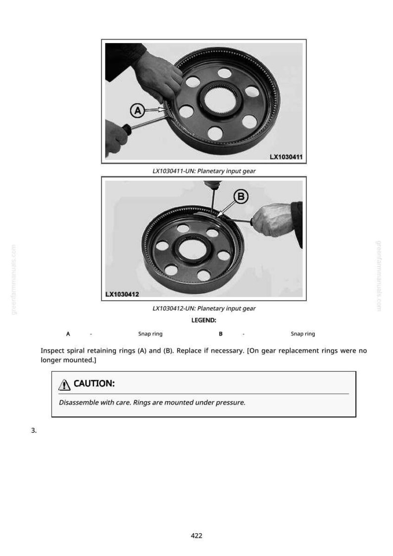 K&ouml;nnte beinhalten: Schwarz-Wei&szlig;-Diagramm eines Planetengetriebe-Eingangsrads mit kreisf&ouml;rmigem Design und mehreren L&ouml;chern. Das Diagramm enth&auml;lt Text und Beschriftungen f&uuml;r Sprengringe und eine Vorsichtsmeldung zur Demontage.