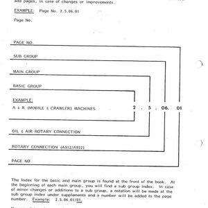 May include: A white page with black text explaining a numbering system for workshop manuals and technical publications. The text includes examples of page numbers and group classifications, with lines connecting terms.