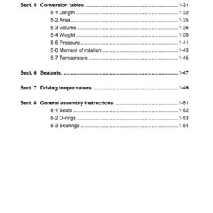 Puede incluir: Una p&aacute;gina blanca de un manual con el t&iacute;tulo "INTRODUCTION" y "CHAP.1". La p&aacute;gina enumera tablas de conversi&oacute;n, selladores, valores de par de apriete e instrucciones generales de montaje. Los n&uacute;meros de p&aacute;gina est&aacute;n a la derecha.