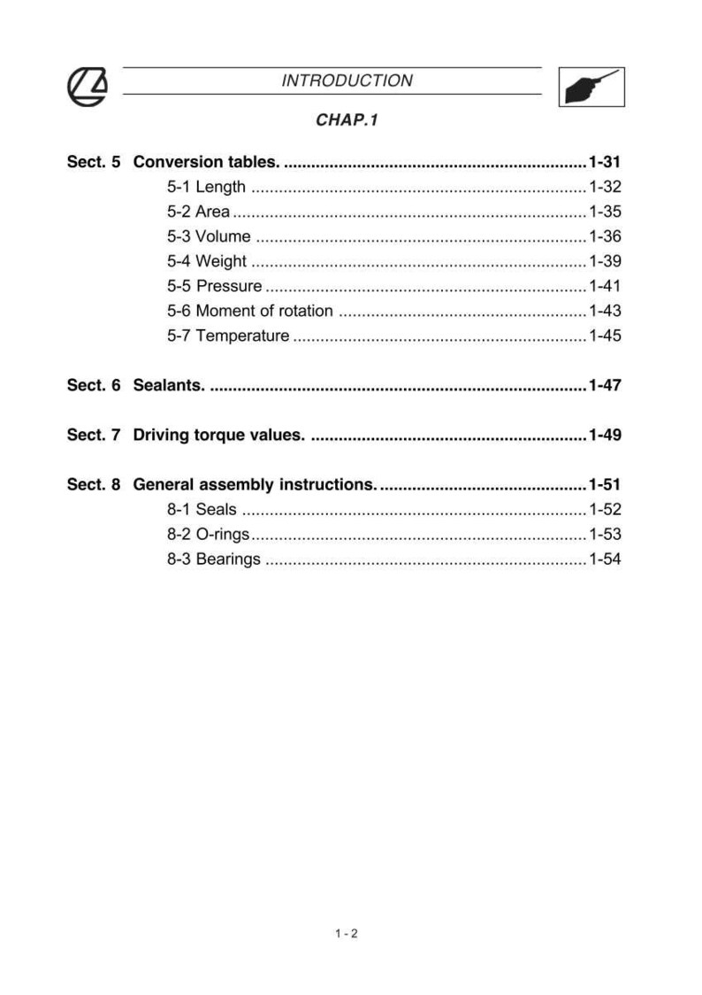 Puede incluir: Una p&aacute;gina blanca de un manual con el t&iacute;tulo "INTRODUCTION" y "CHAP.1". La p&aacute;gina enumera tablas de conversi&oacute;n, selladores, valores de par de apriete e instrucciones generales de montaje. Los n&uacute;meros de p&aacute;gina est&aacute;n a la derecha.