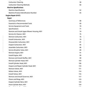 K&ouml;nnte beinhalten: Eine gedruckte Seite aus einem Handbuch mit Inhaltsverzeichnis. Der Text umfasst Abschnitte zur Motorreparatur, Maschinenspezifikationen und Vergaserreinigungsmethoden. Seitenzahlen sind neben jedem Abschnitt aufgef&uuml;hrt.