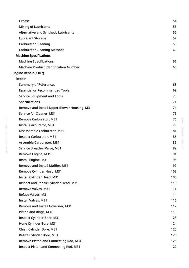 K&ouml;nnte beinhalten: Eine gedruckte Seite aus einem Handbuch mit Inhaltsverzeichnis. Der Text umfasst Abschnitte zur Motorreparatur, Maschinenspezifikationen und Vergaserreinigungsmethoden. Seitenzahlen sind neben jedem Abschnitt aufgef&uuml;hrt.