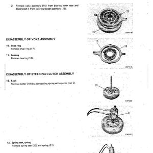May include: Diagram of a bevel gear shaft and steering clutch assembly, with labels and part numbers. Includes images of disassembled components like yoke assembly, snap ring, bearing, lock, spring seat, and spring. Text includes "Disassembly and Assembly".