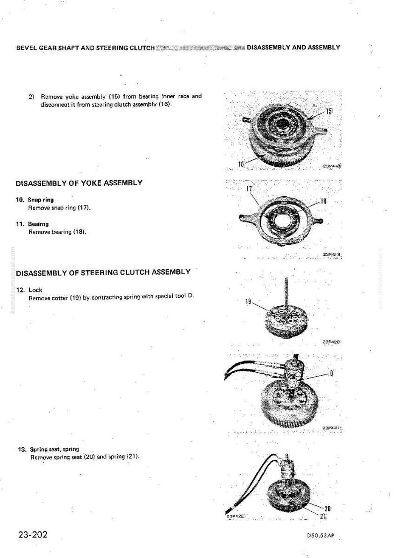 May include: Diagram of a bevel gear shaft and steering clutch assembly, with labels and part numbers. Includes images of disassembled components like yoke assembly, snap ring, bearing, lock, spring seat, and spring. Text includes "Disassembly and Assembly".