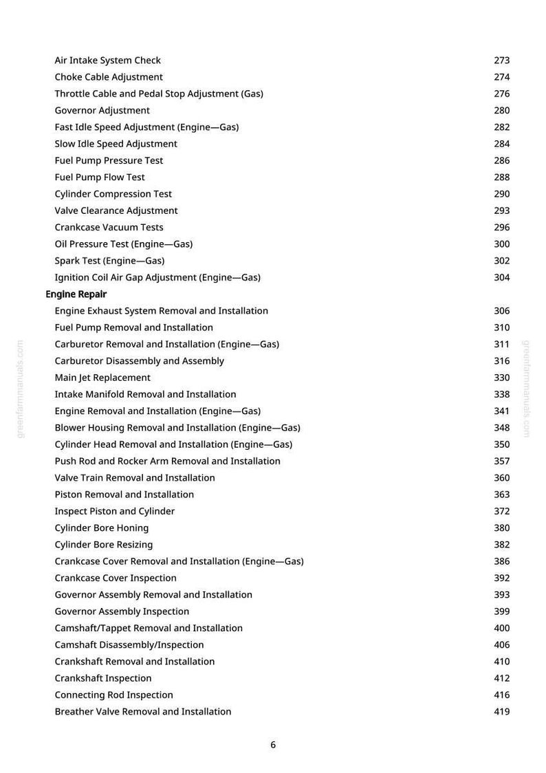 May include: A white page from a manual with a list of engine repair procedures, including "Air Intake System Check" and "Cylinder Bore Honing." The page number is 6. The website address is visible.