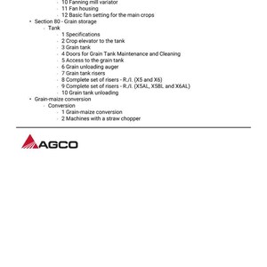 May include: A white document with a list of agricultural equipment components, including a feed box, grain tank, and grain unloading auger. The AGCO logo is at the bottom.