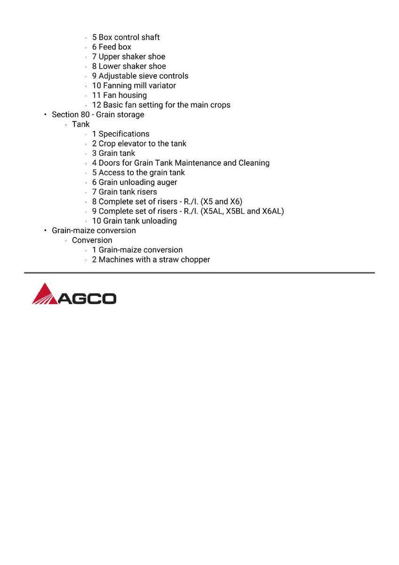 May include: A white document with a list of agricultural equipment components, including a feed box, grain tank, and grain unloading auger. The AGCO logo is at the bottom.